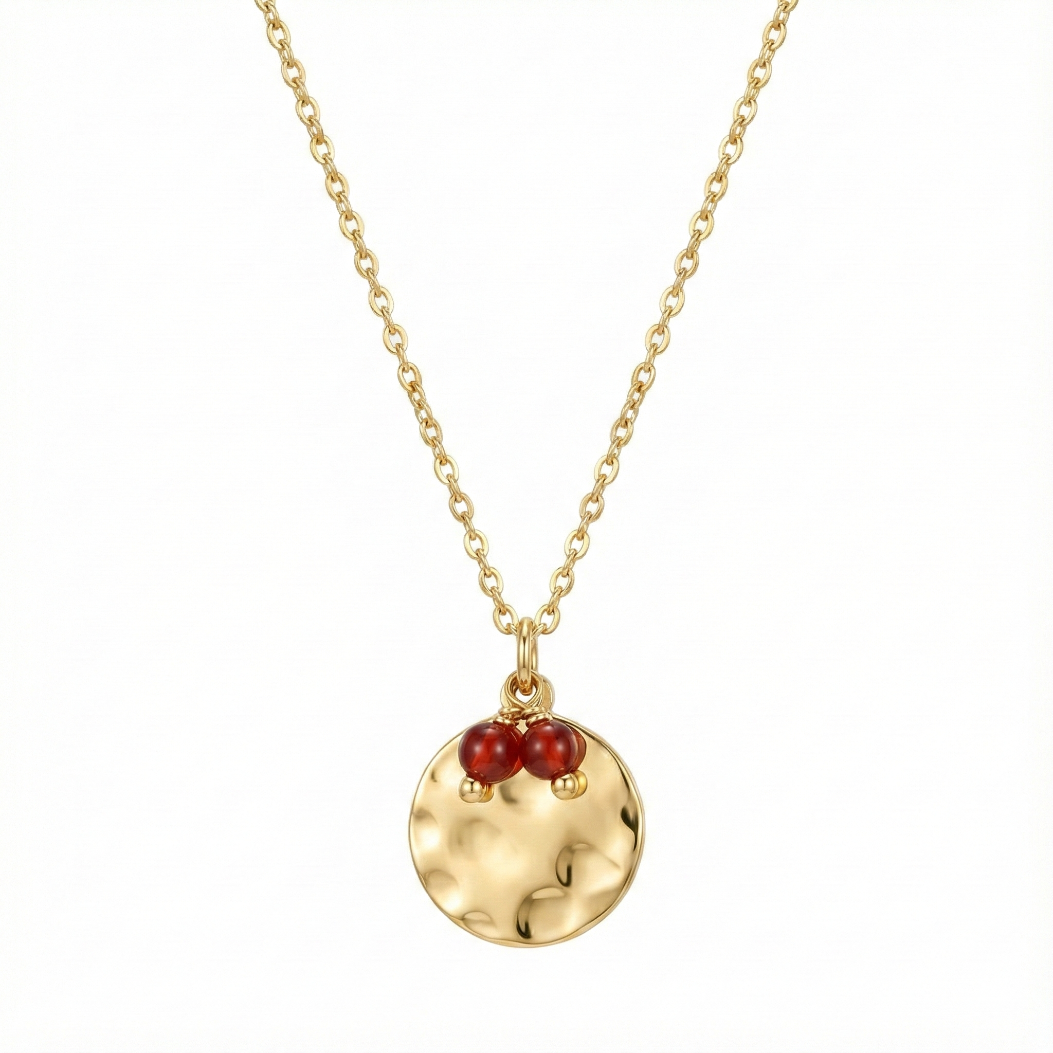 collier acier inoxydable doré lune martelée pierre grenat vue large